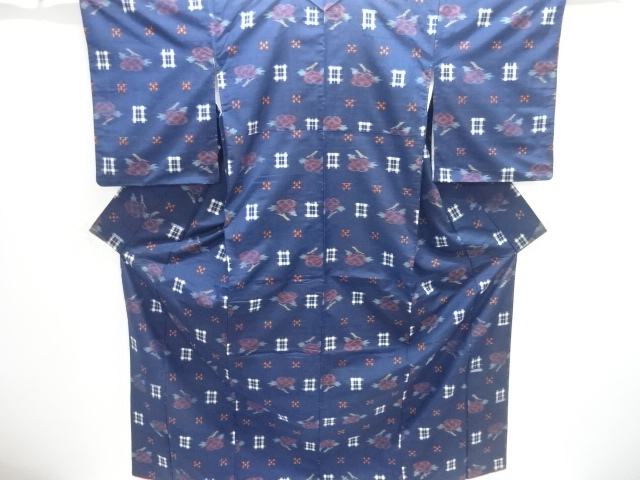 JAPANESE KIMONO / ANTIQUE KIMONO / SILK / HAND WOVEN TSUMUGI / FLOWERS & KASURI PATTERN